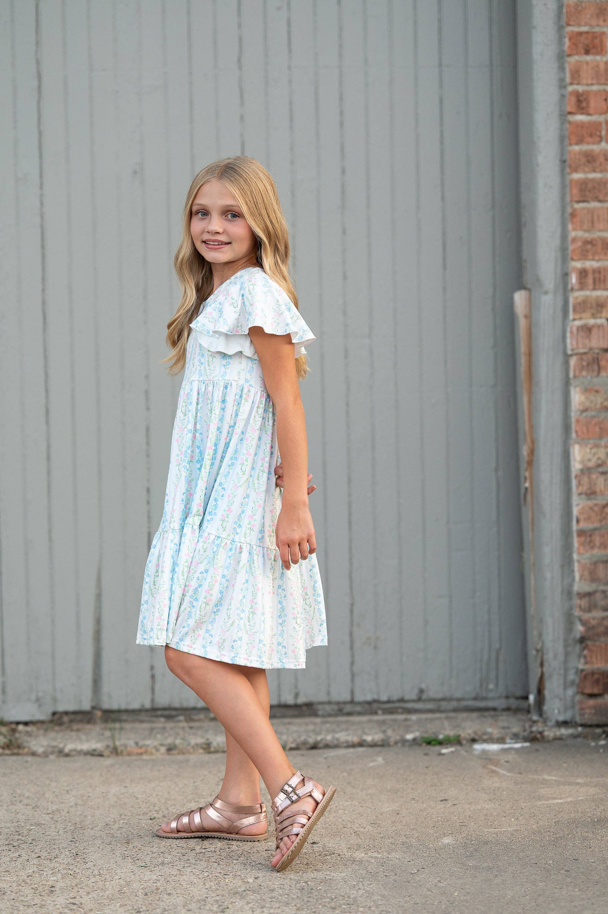 Kids Emmy Dainty Pastel Floral Flutter Sleeve Twirl Dress