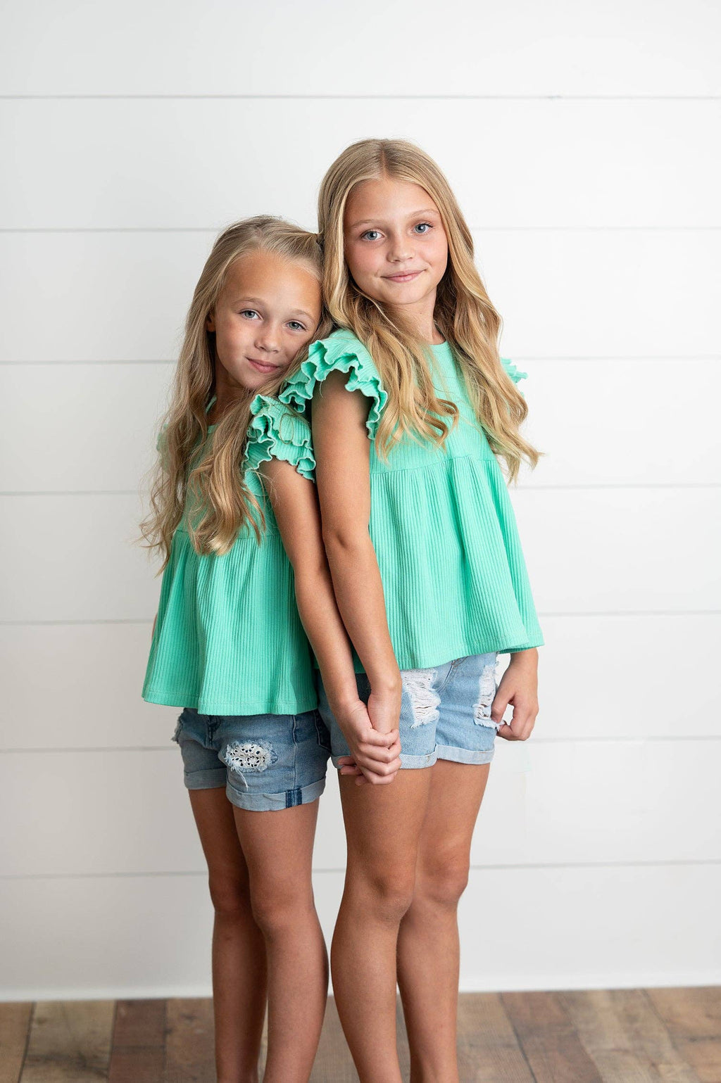 Kids Turquoise Double Ruffle Flutter Sleeve Summer Shirt