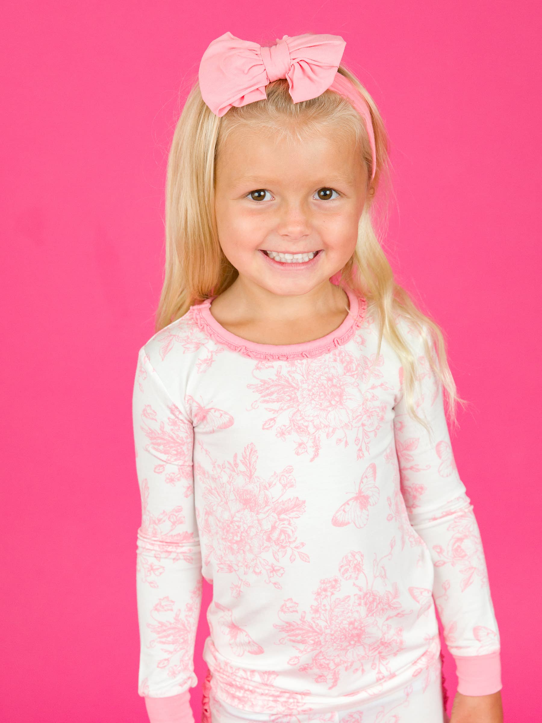 SoftSnooze™ Toddler Girls Bamboo Viscose Pink Butterfly Garden Toile Ruffle Long Sleeve Pajama Set with Signature Rear Ruffles