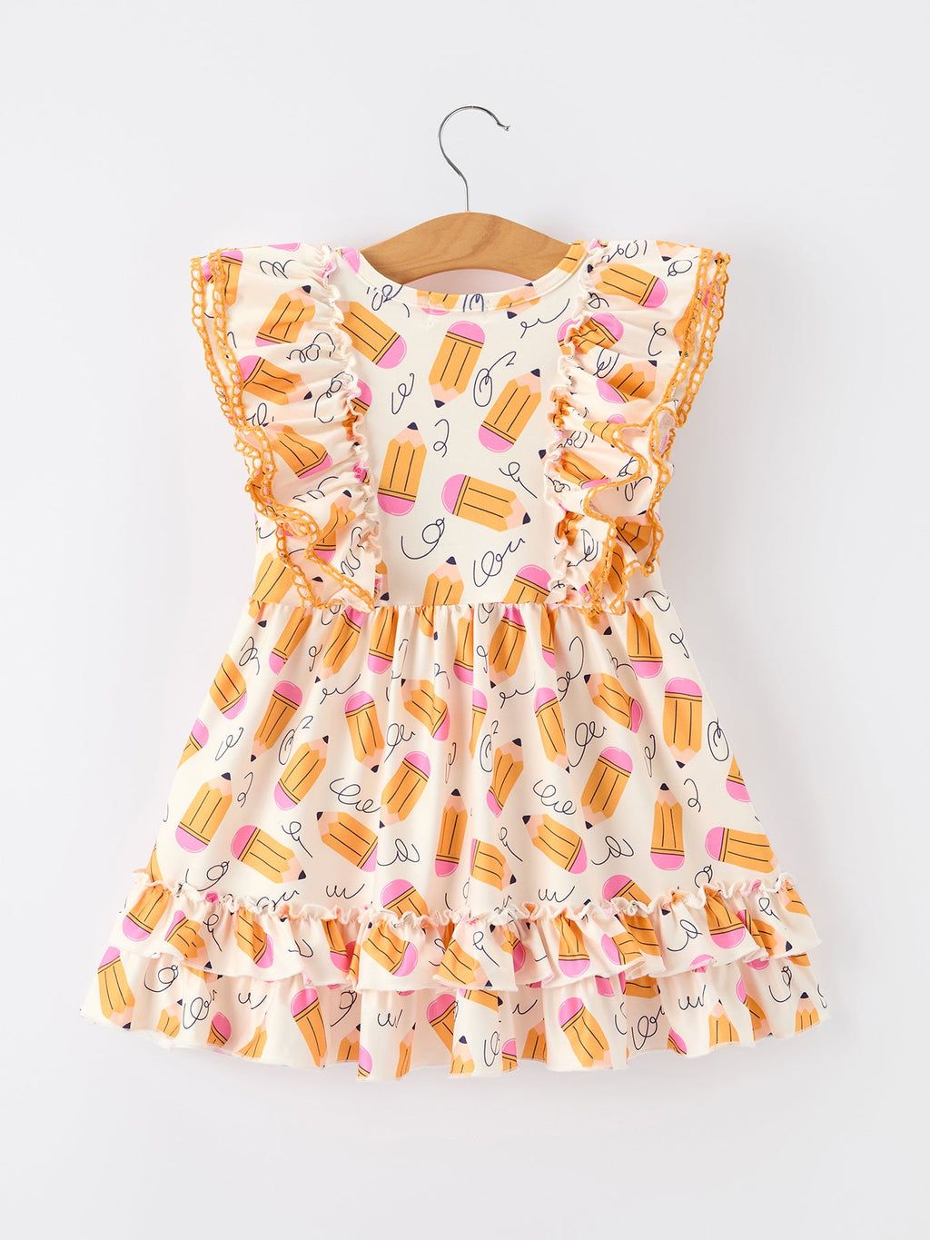 Girls Back To School Pencil Twirl Dress Ruffle Flutter Sleeve