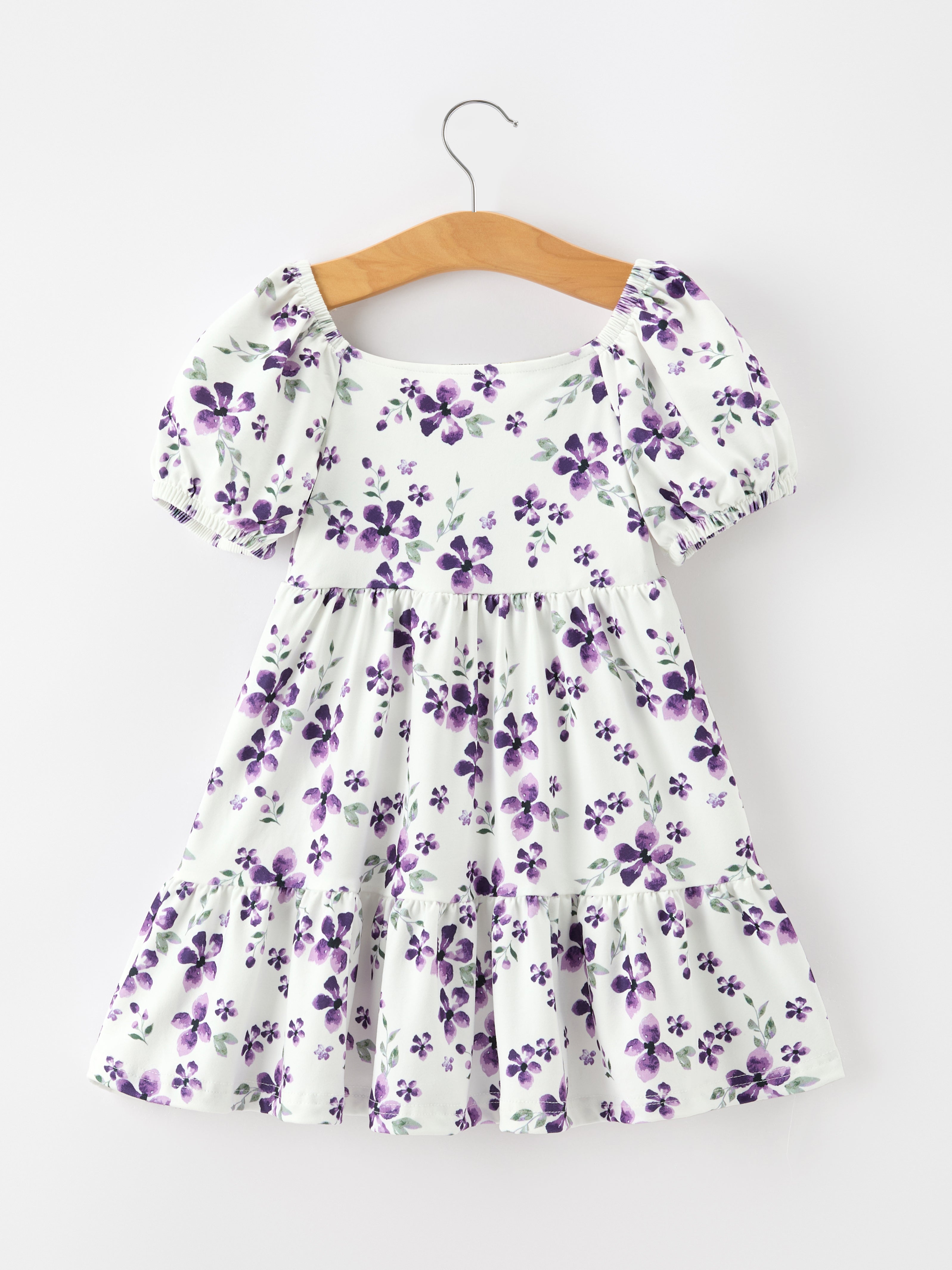 Fall Lavender Floral Puff Sleeve Girls Dress