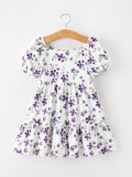 Fall Lavender Floral Puff Sleeve Girls Dress