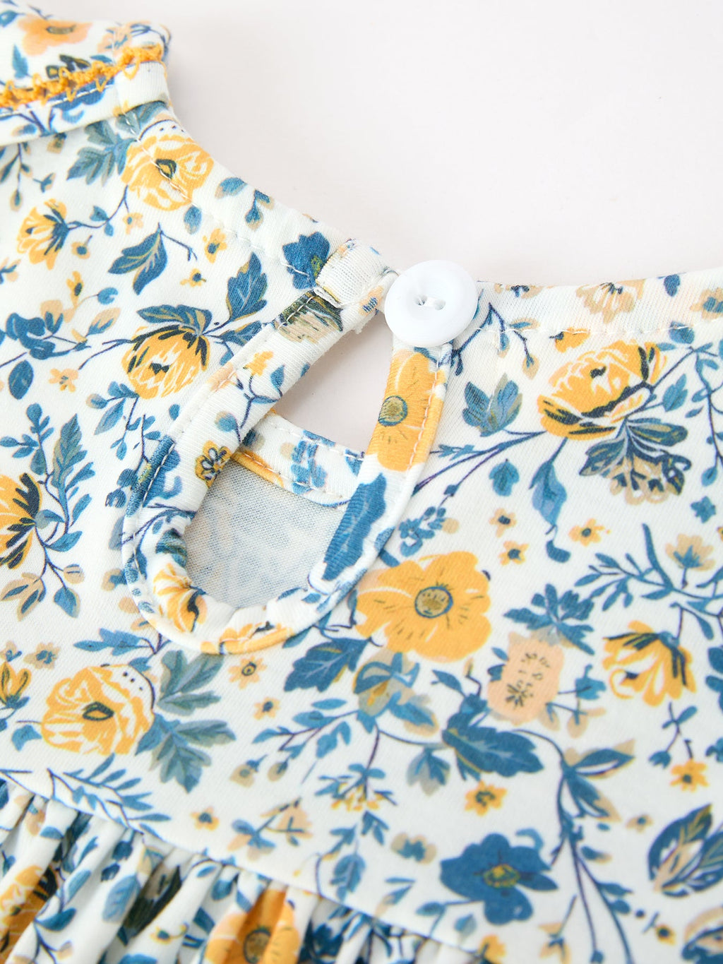Floral Girls Dress Peter Pan Collar Yellow Trim Puff Sleeve Dress