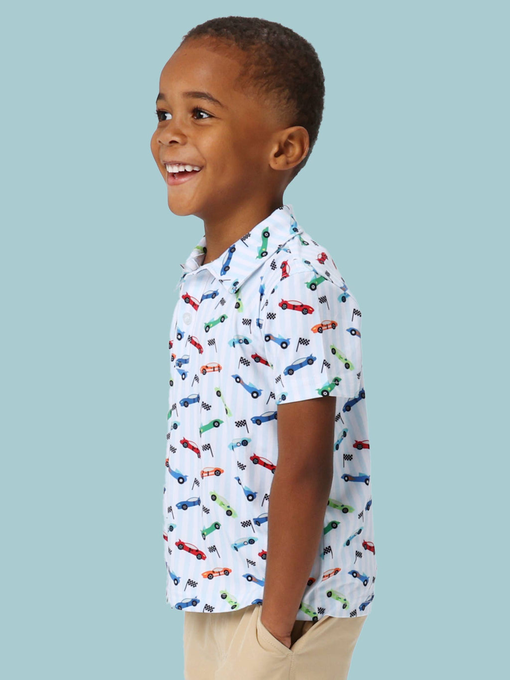 Boys Let's Roll Racecar Knit Short Sleeve Performance Polo