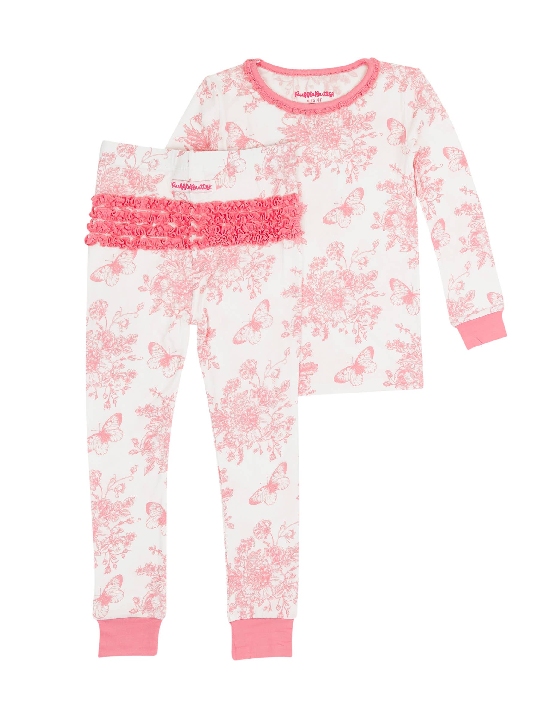SoftSnooze™ Toddler Girls Bamboo Viscose Pink Butterfly Garden Toile Ruffle Long Sleeve Pajama Set with Signature Rear Ruffles