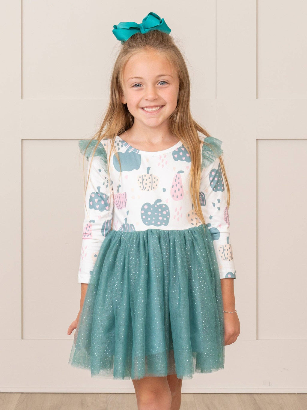 Deep Teal Doodle Pumpkins Tulle Dress