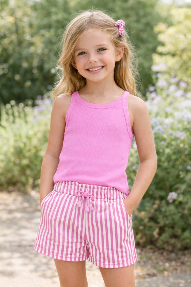 GKSS-Y26-38185- Girl's Stipe Short Set w/ Matching Scrunchie