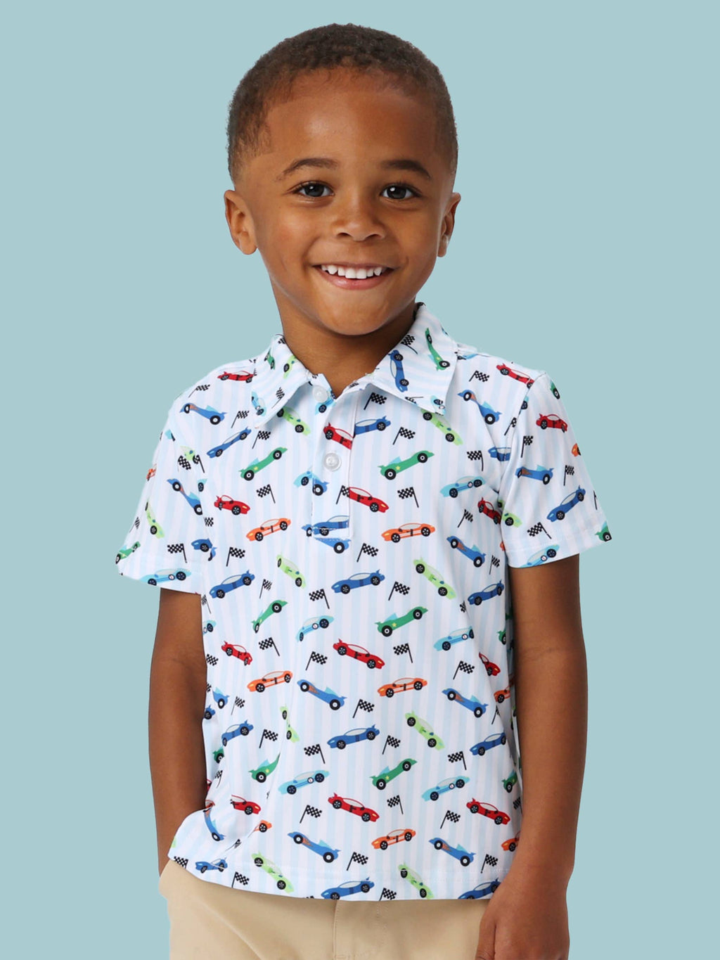 Boys Let's Roll Racecar Knit Short Sleeve Performance Polo