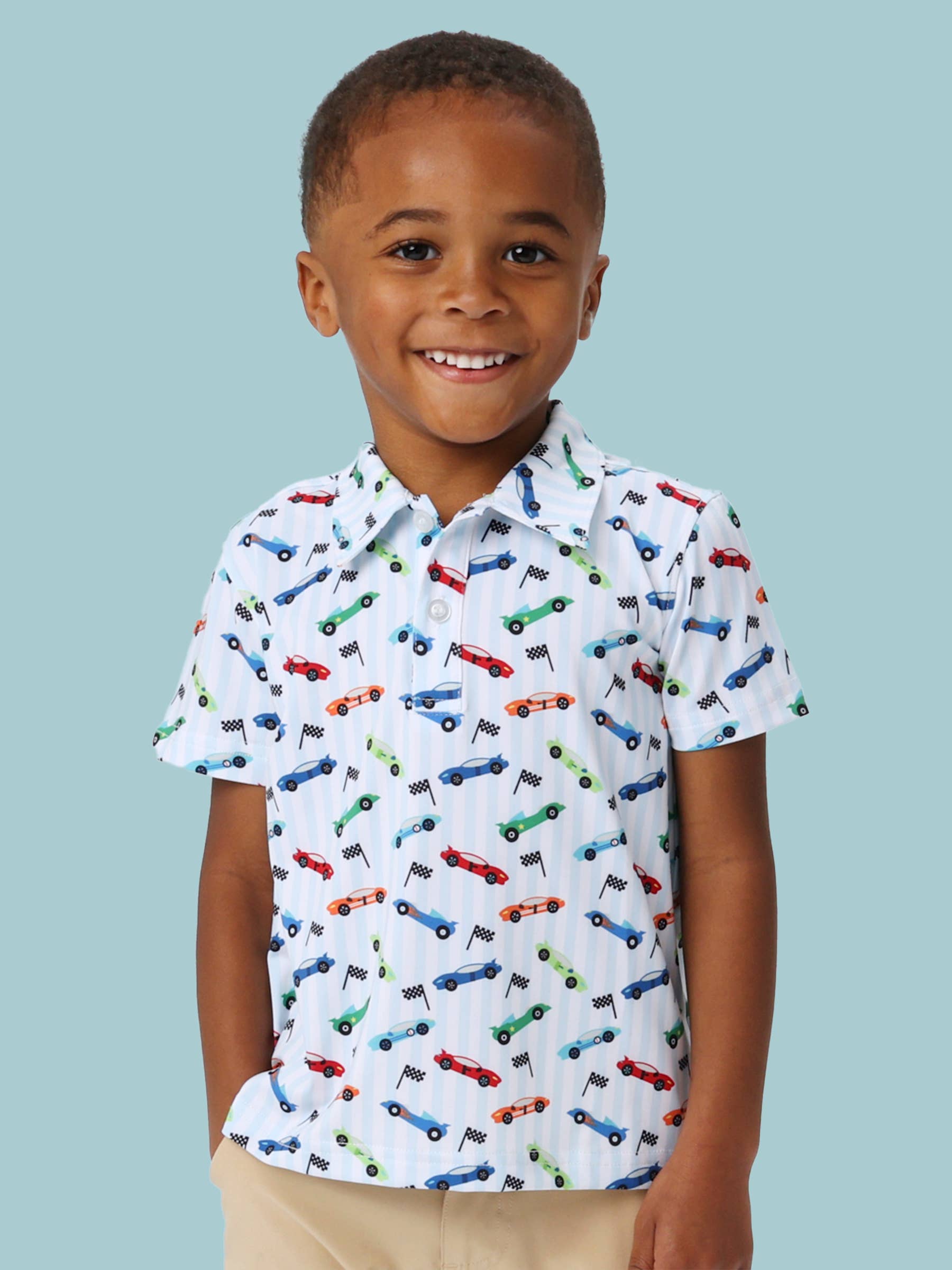 Boys Let's Roll Racecar Knit Short Sleeve Performance Polo