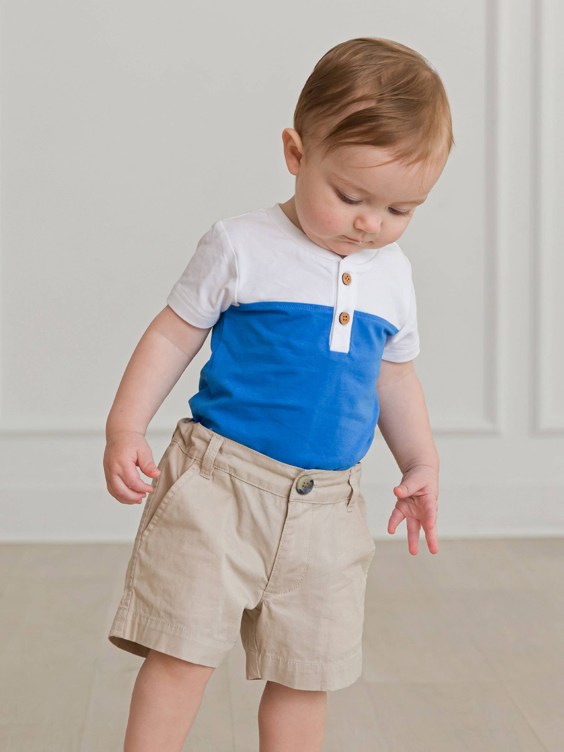 Baby Boys White & Blue Color Block Short Sleeve Henley Bodysuit