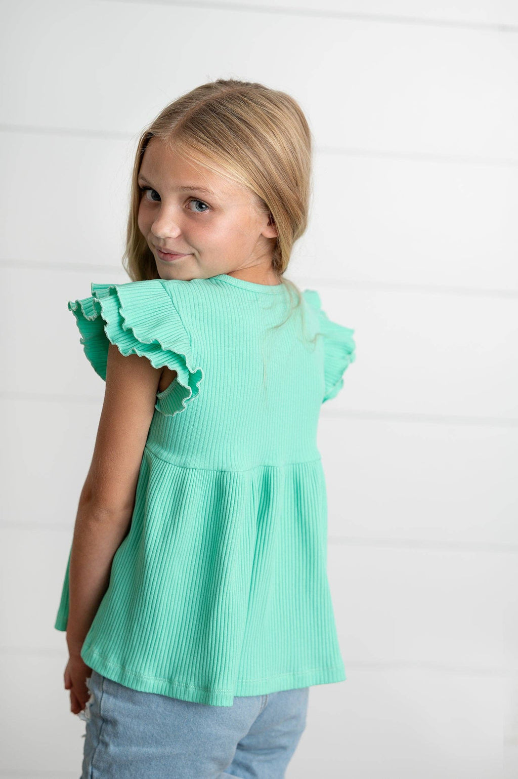 Kids Turquoise Double Ruffle Flutter Sleeve Summer Shirt