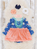 Rose Velvet & Blue Floral Ruffle Bubble Romper