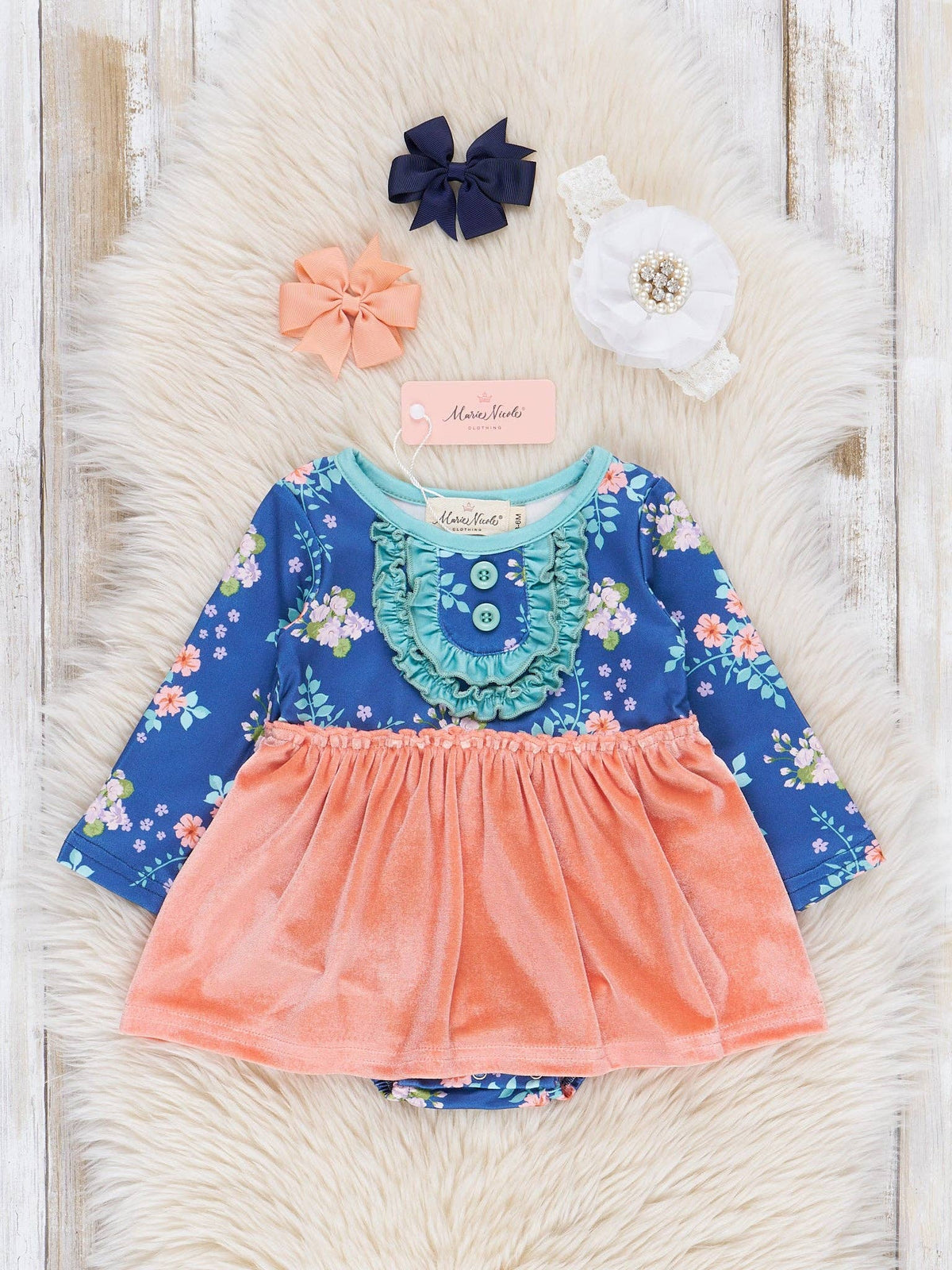 Rose Velvet & Blue Floral Ruffle Bubble Romper