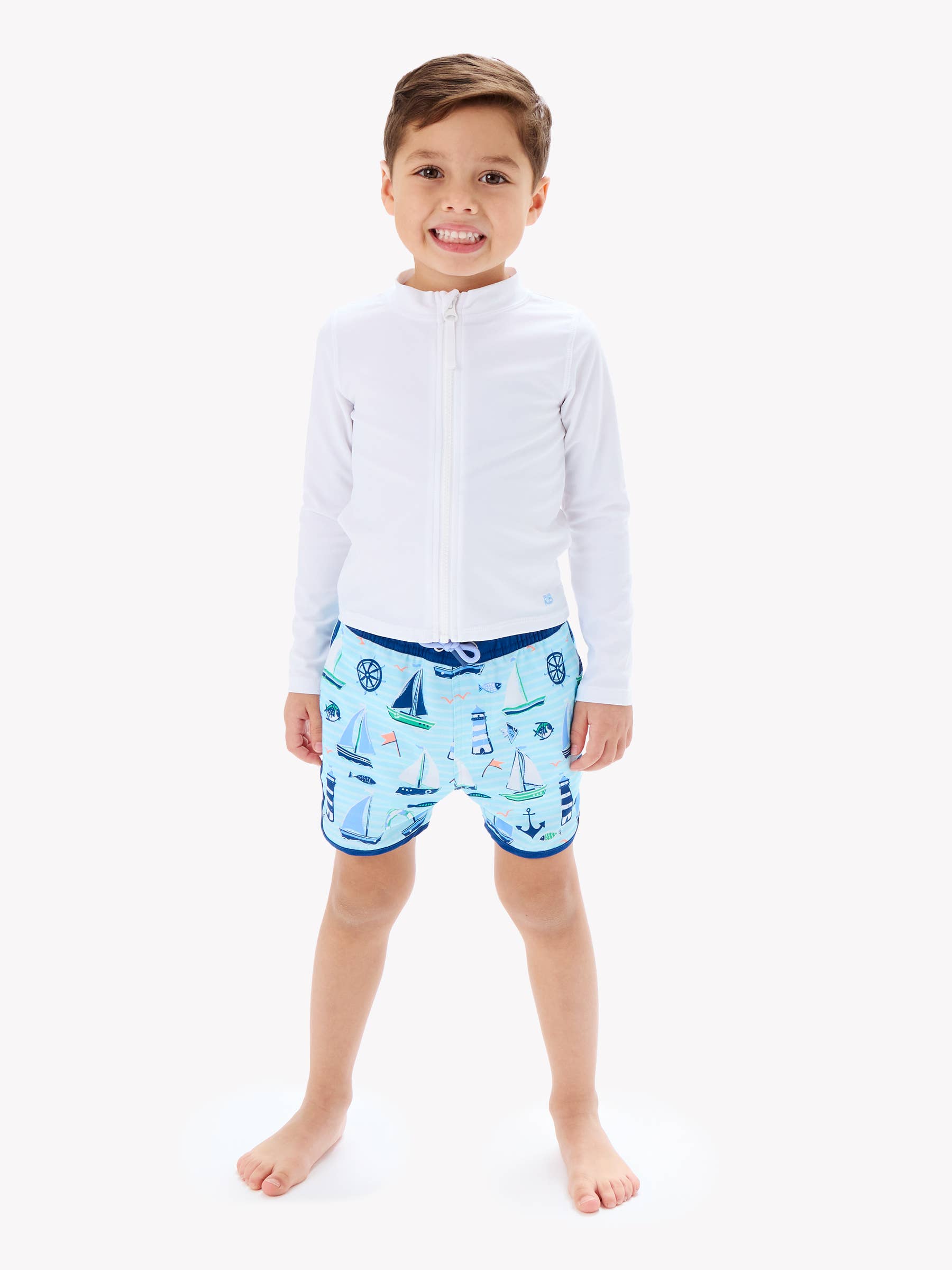 Boys Blue Sweet Sails Performance Hybrid Dolphin Hem Swim Trunks