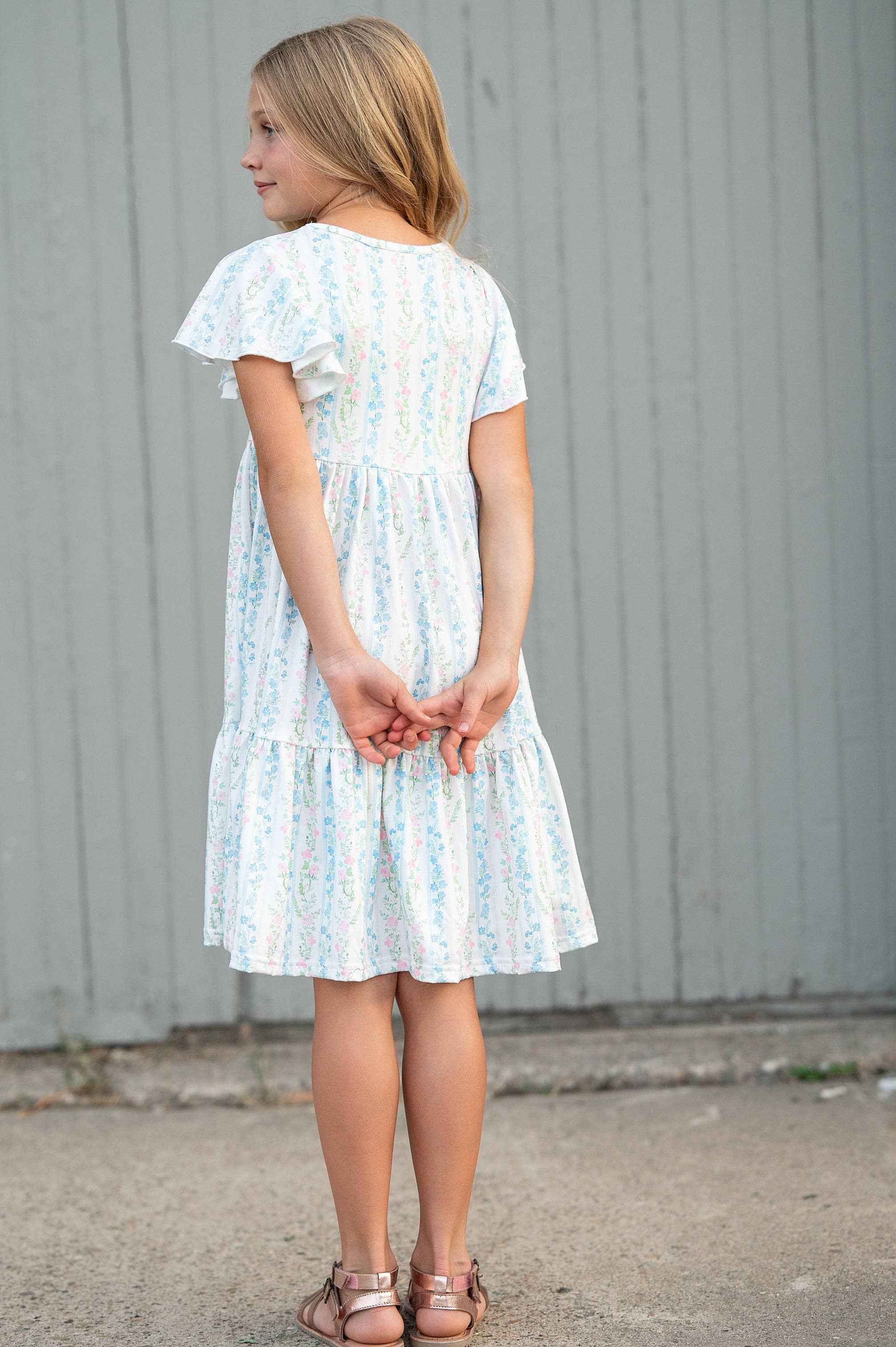 Kids Emmy Dainty Pastel Floral Flutter Sleeve Twirl Dress