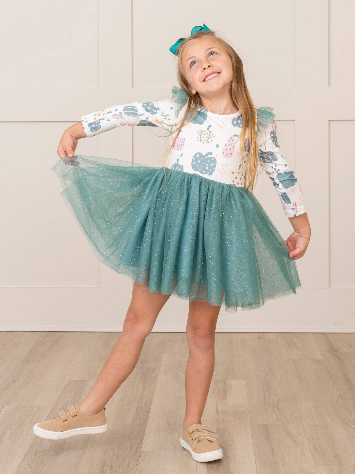 Deep Teal Doodle Pumpkins Tulle Dress