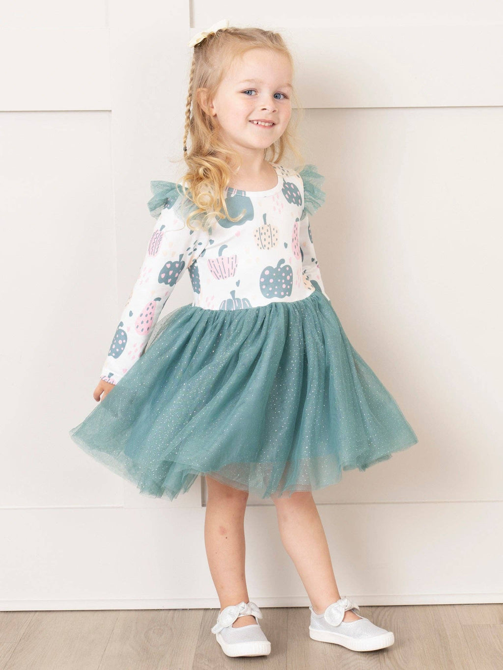 Deep Teal Doodle Pumpkins Tulle Dress