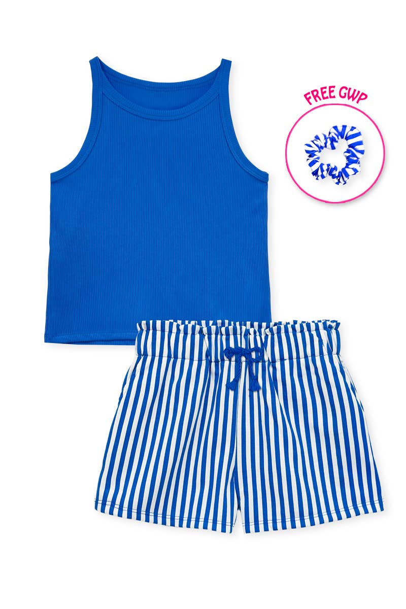 GKSS-Y26-38185- Girl's Stipe Short Set w/ Matching Scrunchie