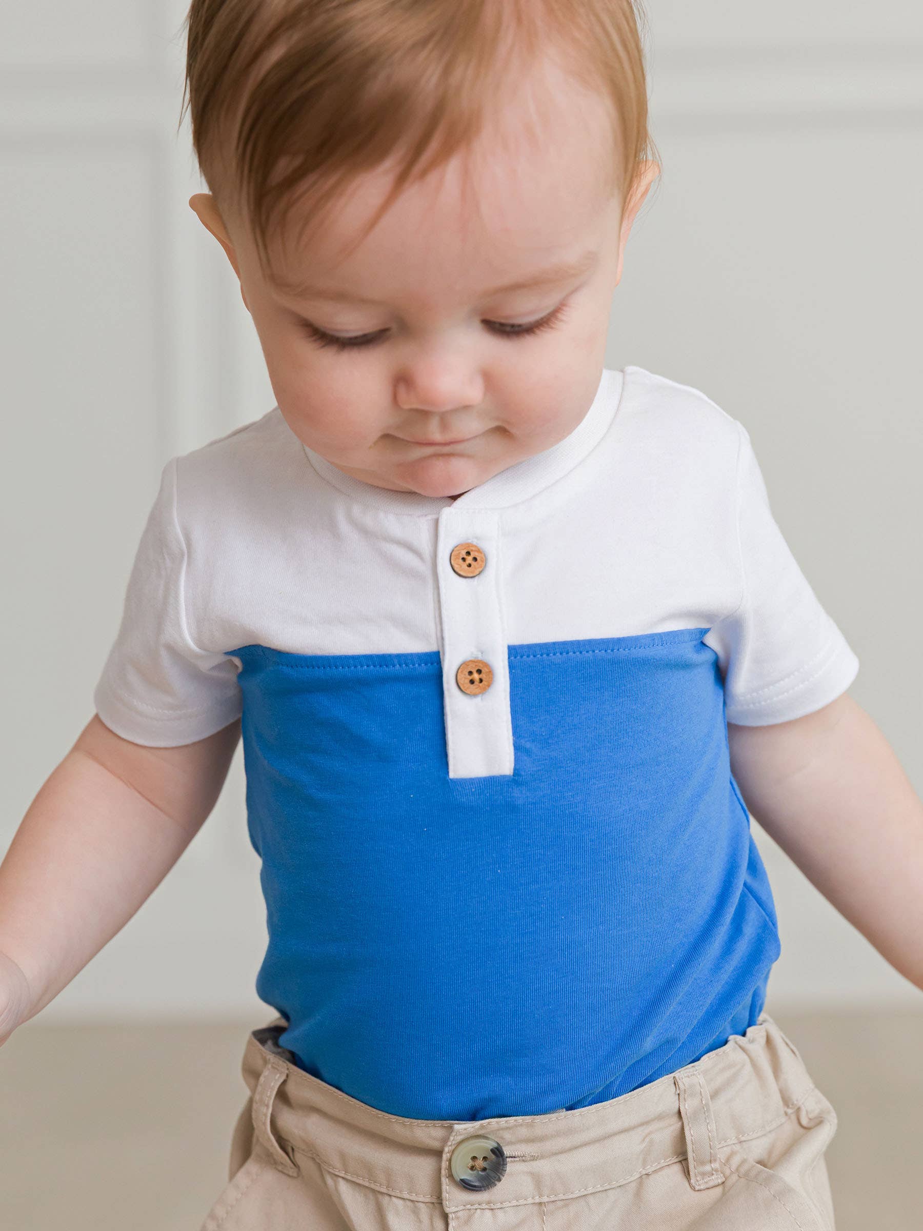 Baby Boys White & Blue Color Block Short Sleeve Henley Bodysuit