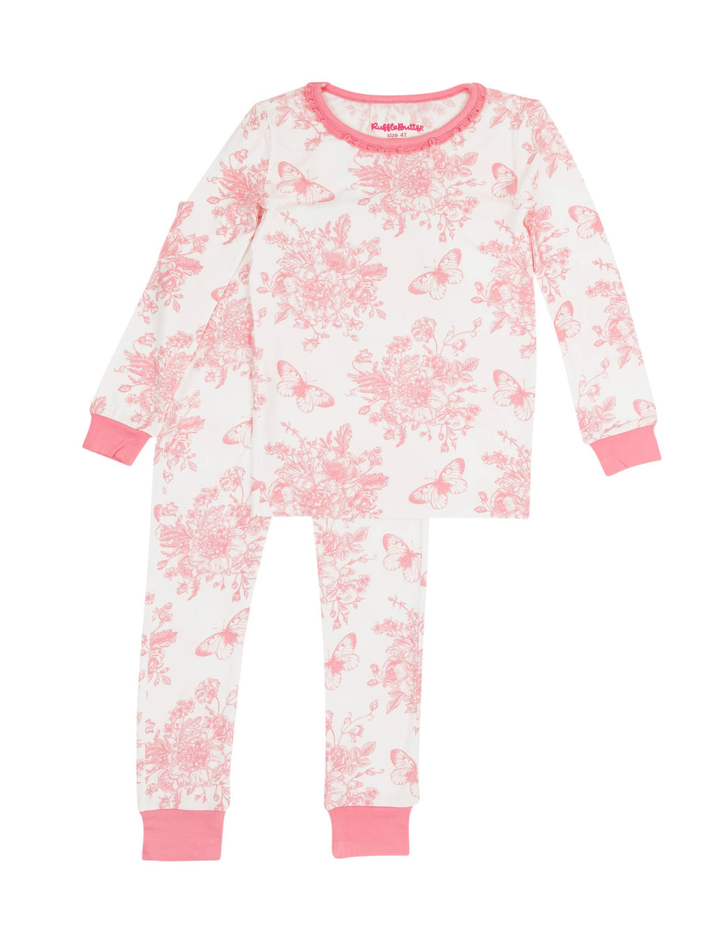 SoftSnooze™ Toddler Girls Bamboo Viscose Pink Butterfly Garden Toile Ruffle Long Sleeve Pajama Set with Signature Rear Ruffles