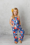 Kids Blue & Coral Floral Summer Jumpsuit With Pockets