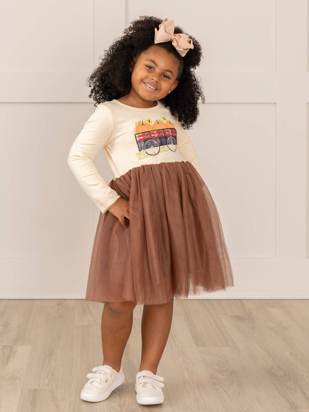 Brown Embroidered Pumpkin Wagon Tulle Dress