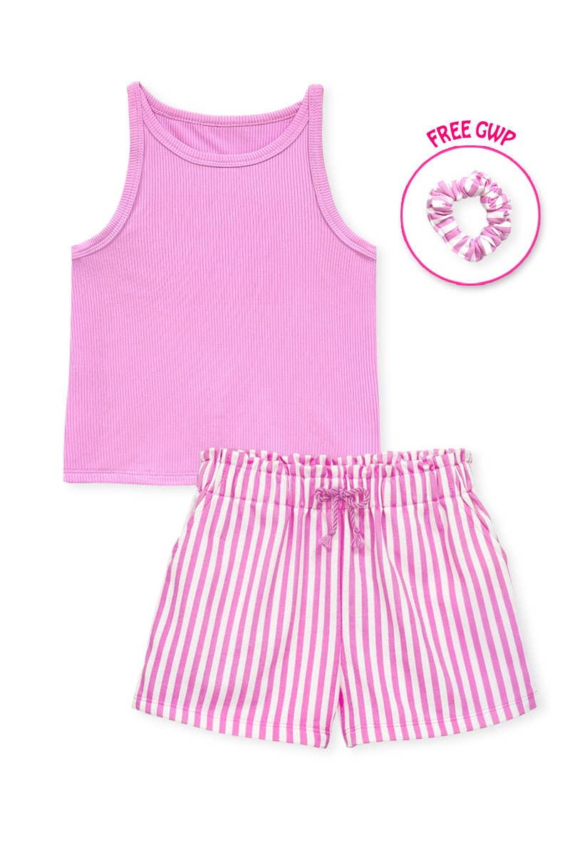 GKSS-Y26-38185- Girl's Stipe Short Set w/ Matching Scrunchie