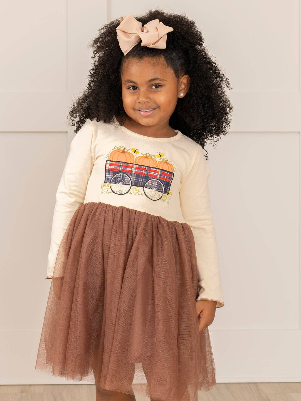 Brown Embroidered Pumpkin Wagon Tulle Dress
