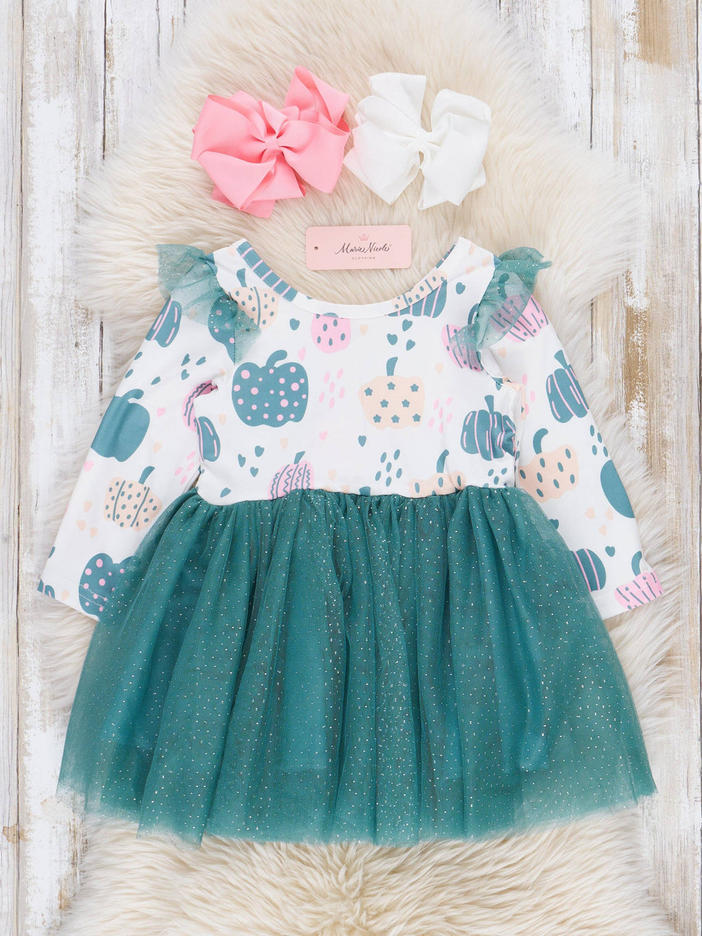 Deep Teal Doodle Pumpkins Tulle Dress
