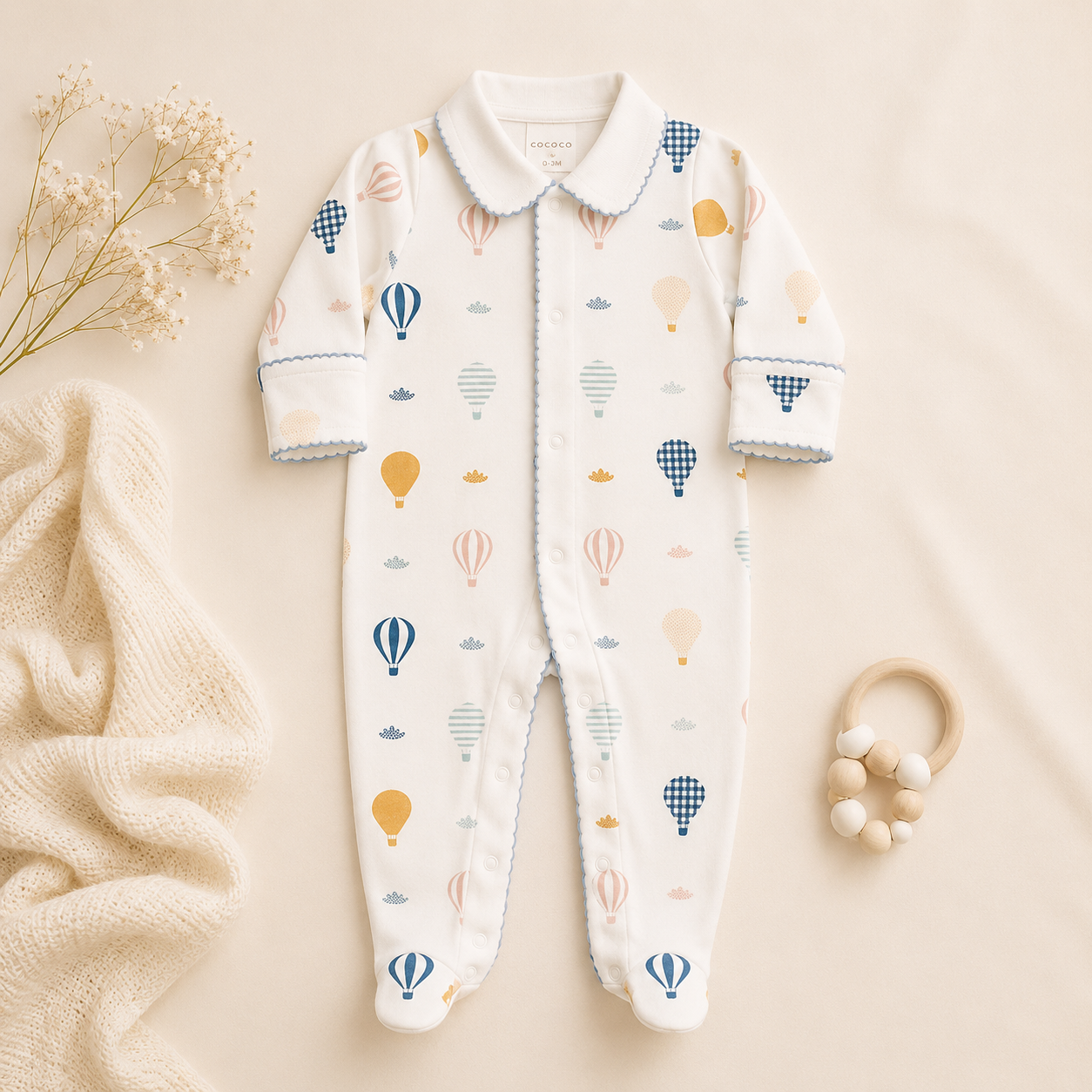 100% PIMA Cotton Boys Collared Footie with Blue Picot Trim: Up, Up & Away