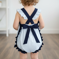 Classic Navy Gingham Bow and Button Romper