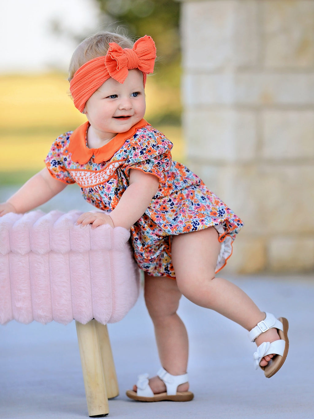 Fall Floral Smocked Petals Collar Girls Bubble Romper