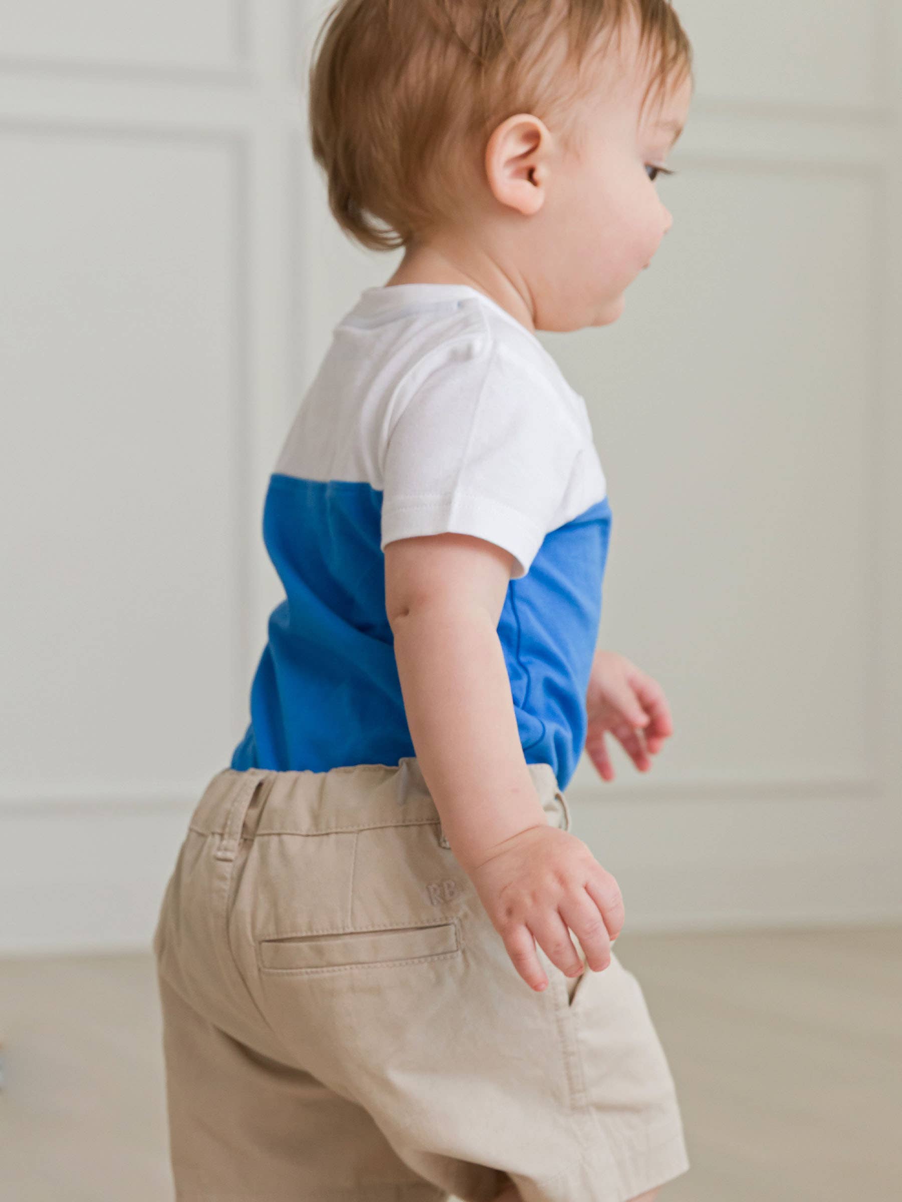 Baby Boys White & Blue Color Block Short Sleeve Henley Bodysuit