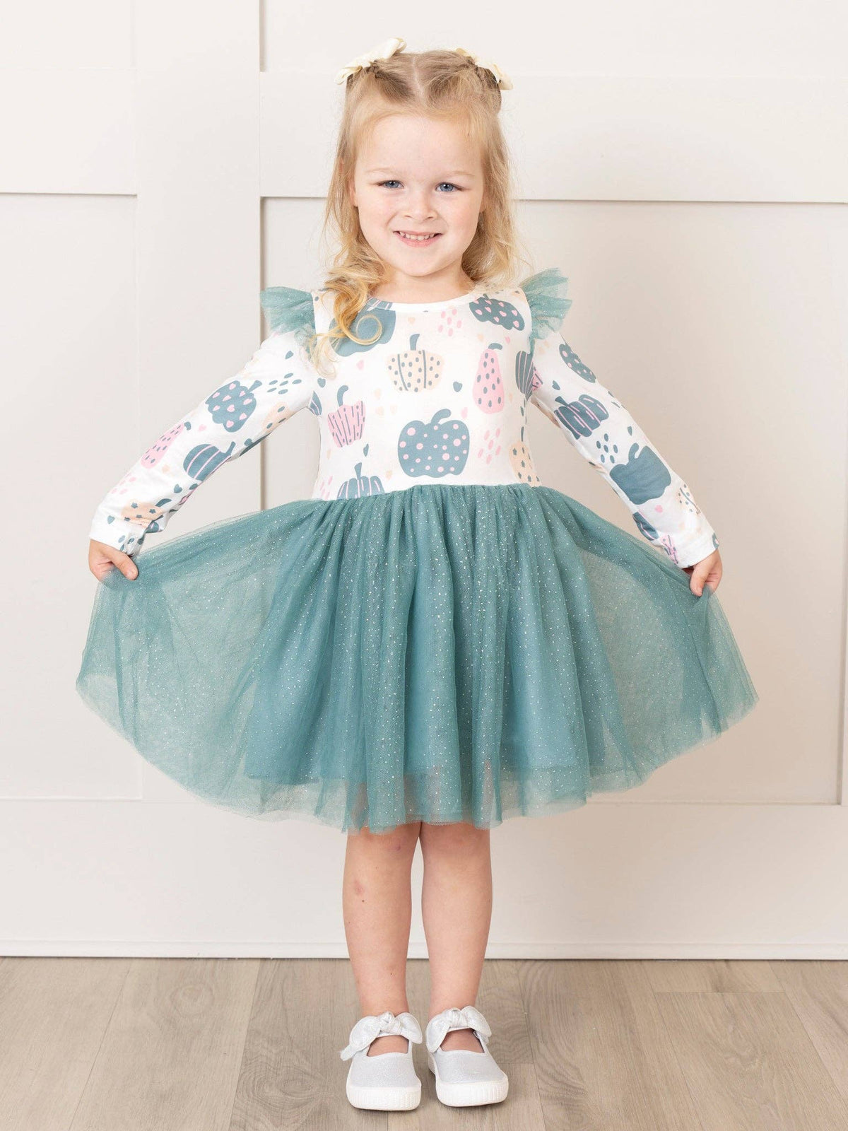 Deep Teal Doodle Pumpkins Tulle Dress