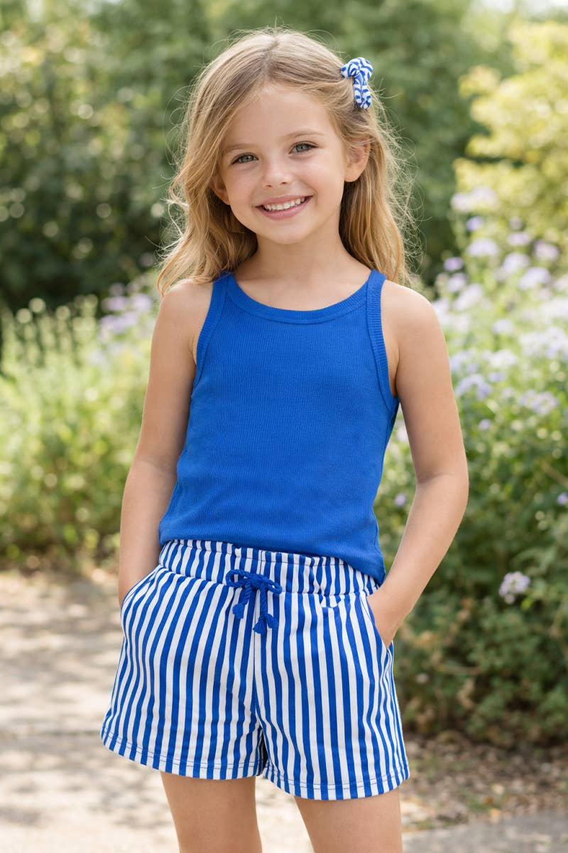 GKSS-Y26-38185- Girl's Stipe Short Set w/ Matching Scrunchie