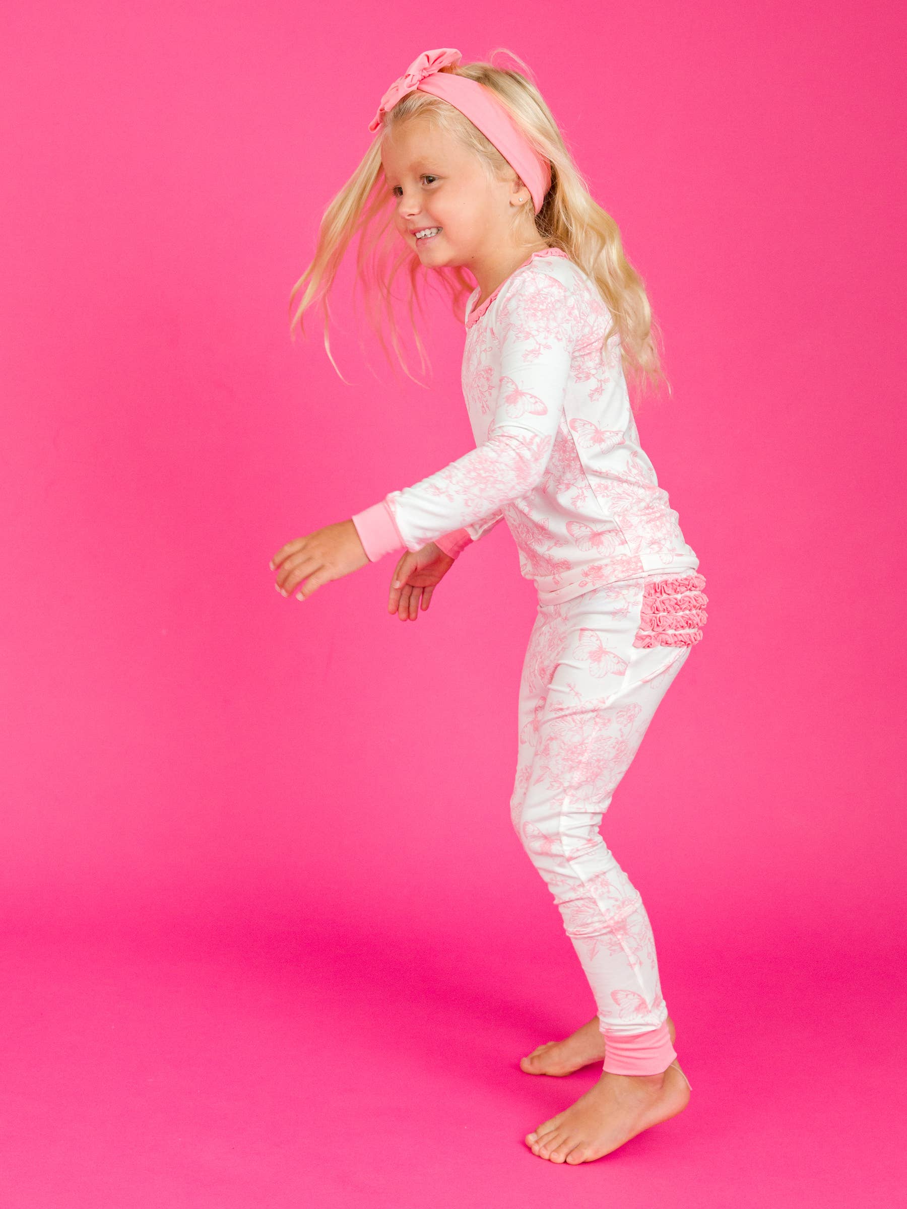 SoftSnooze™ Toddler Girls Bamboo Viscose Pink Butterfly Garden Toile Ruffle Long Sleeve Pajama Set with Signature Rear Ruffles
