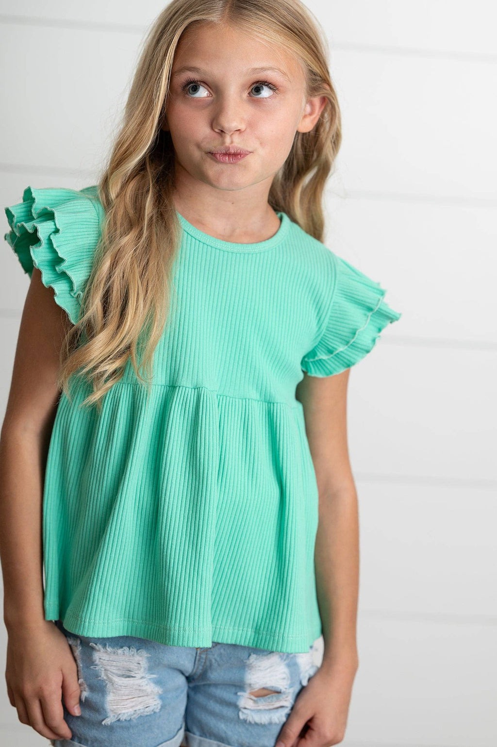 Kids Turquoise Double Ruffle Flutter Sleeve Summer Shirt
