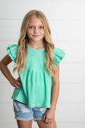 Kids Turquoise Double Ruffle Flutter Sleeve Summer Shirt