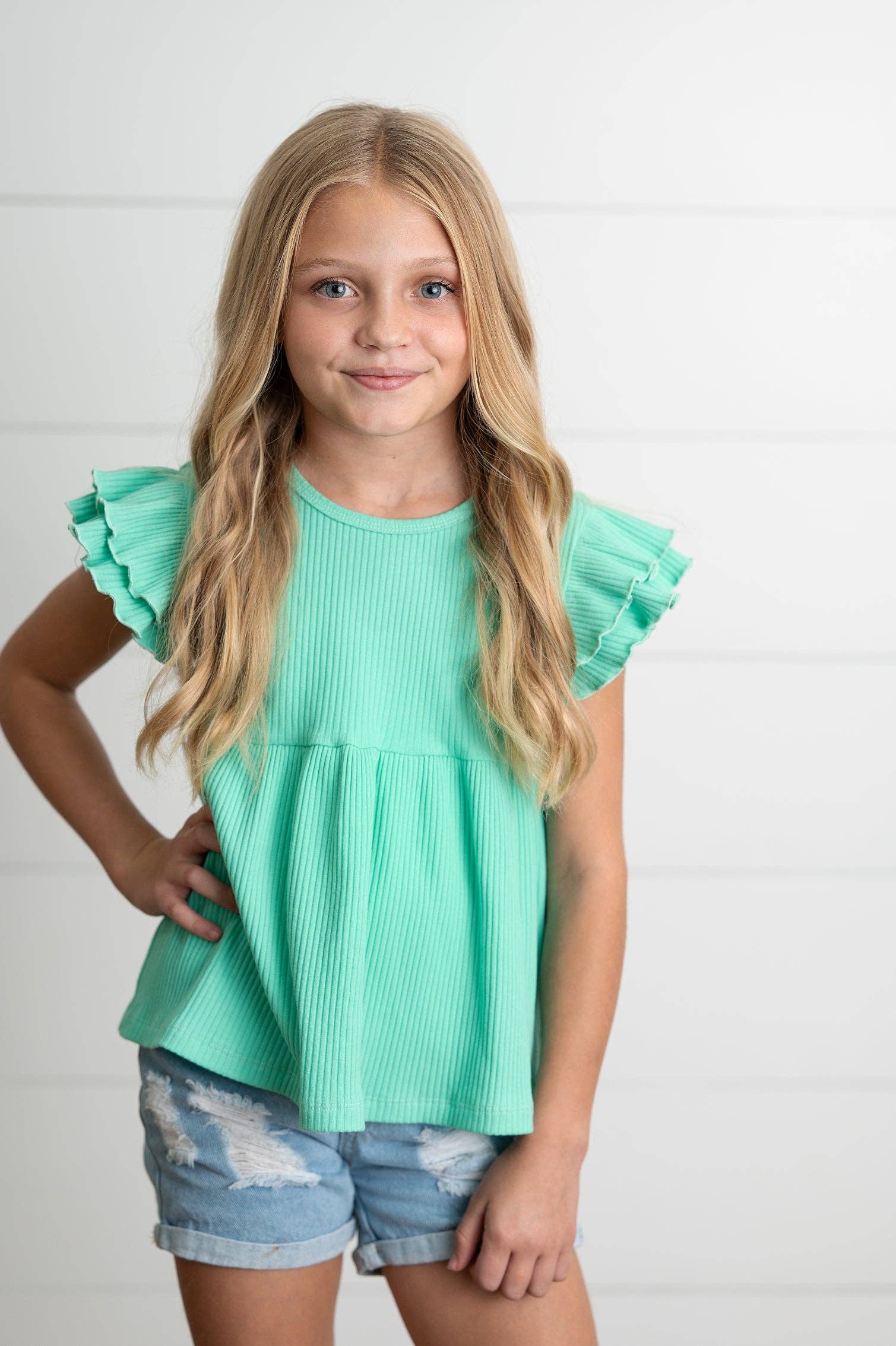 Kids Turquoise Double Ruffle Flutter Sleeve Summer Shirt