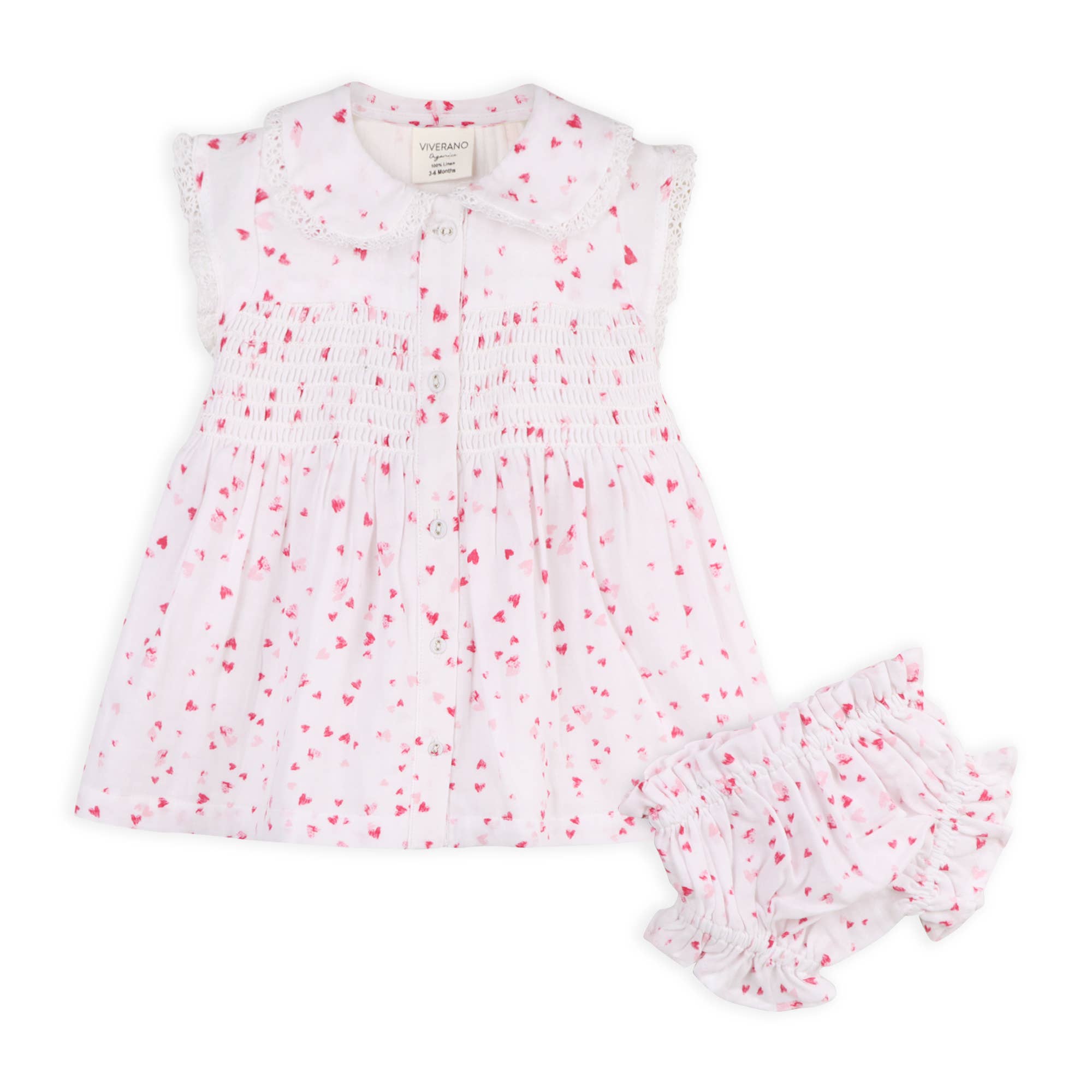 Nora Fluttering Hearts Smocked Baby Dress + Bloomer -Organic