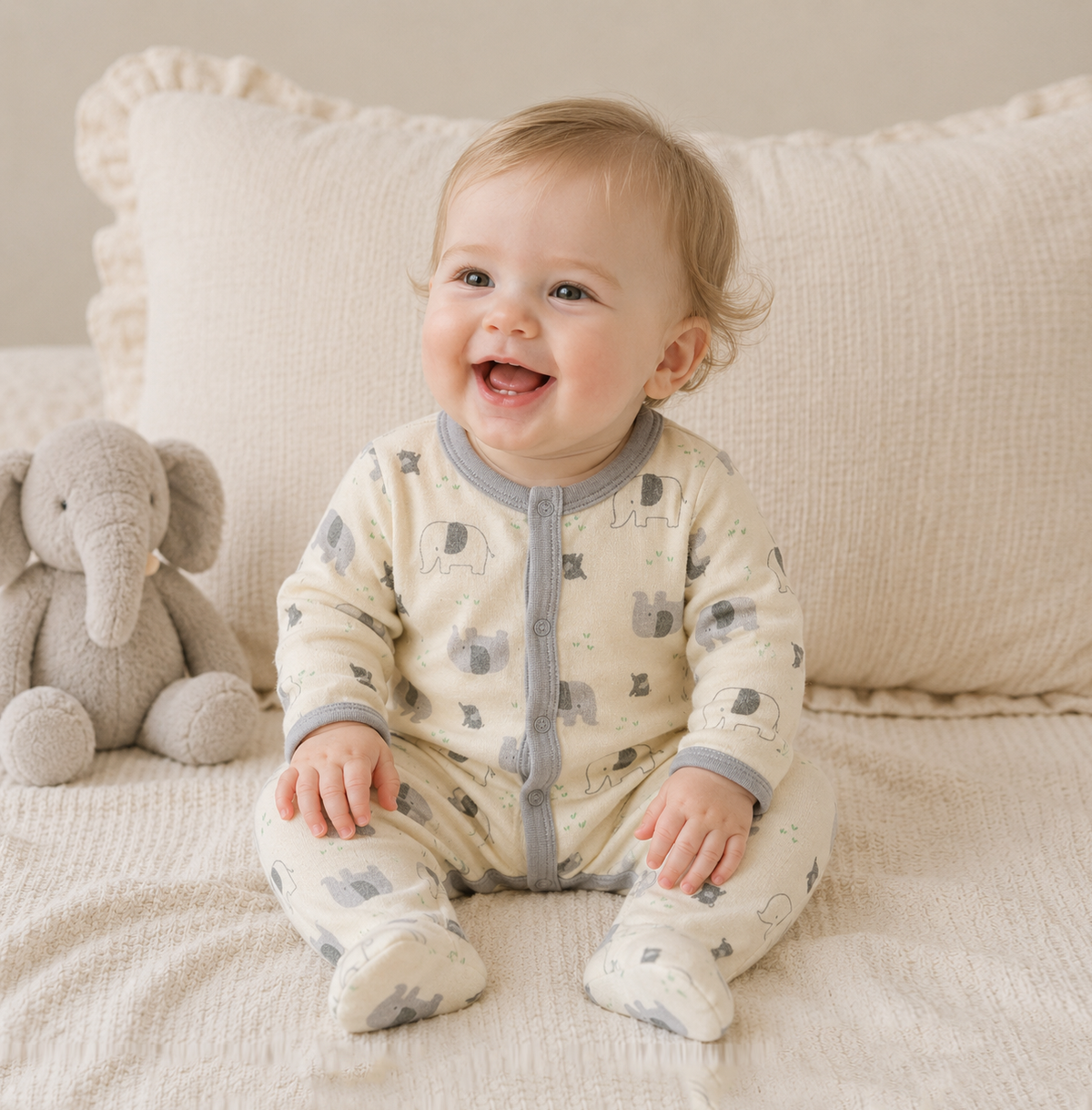Cute Elephant Pattern Zipper Footie Pajamas Romper
