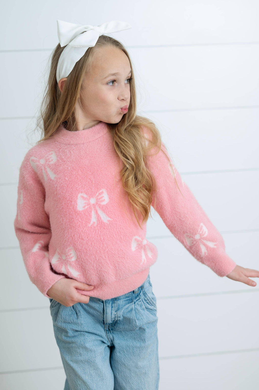 Girls Fall Winter Pink and White Bow Sweater