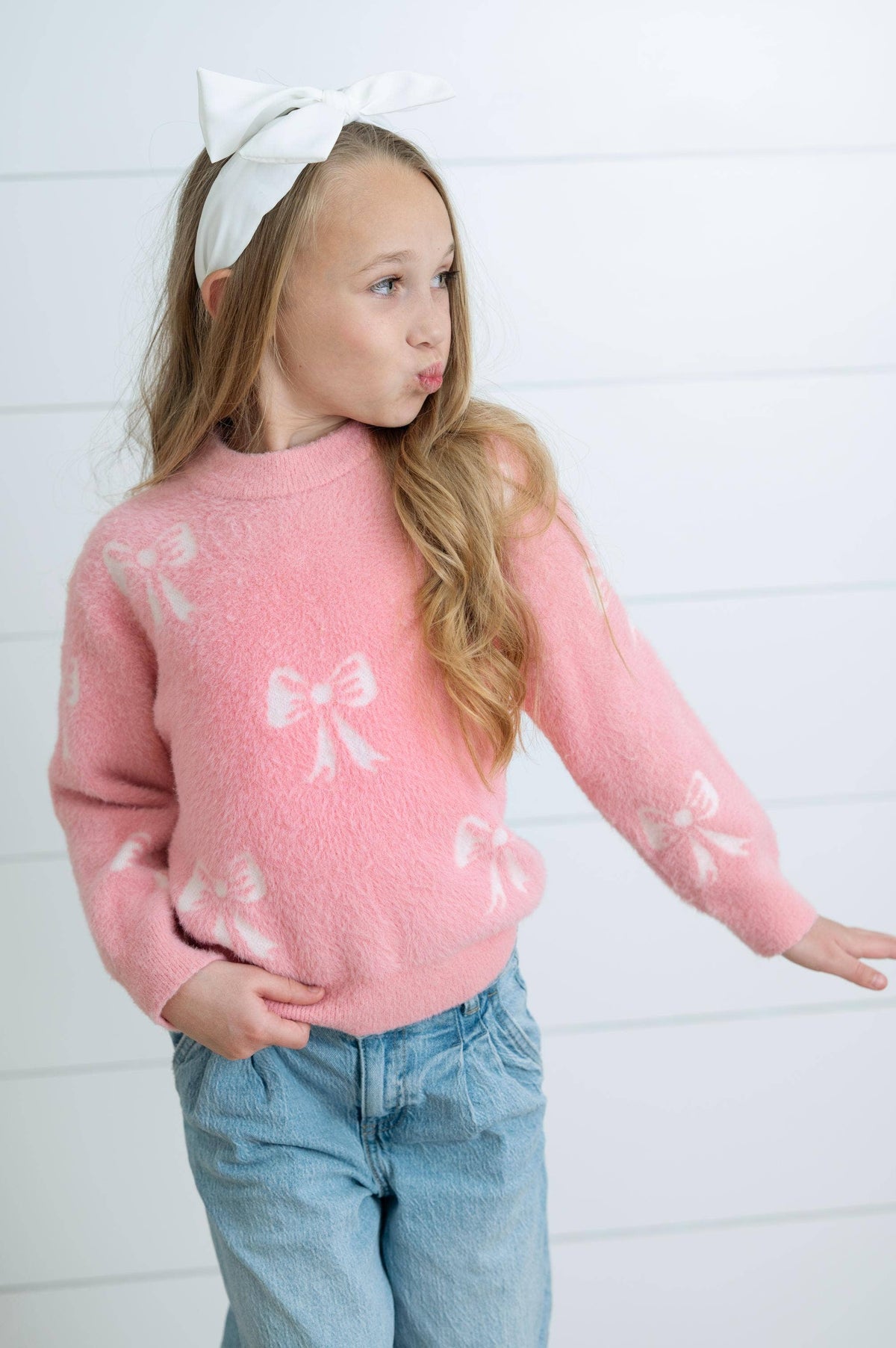 Girls Fall Winter Pink and White Bow Sweater