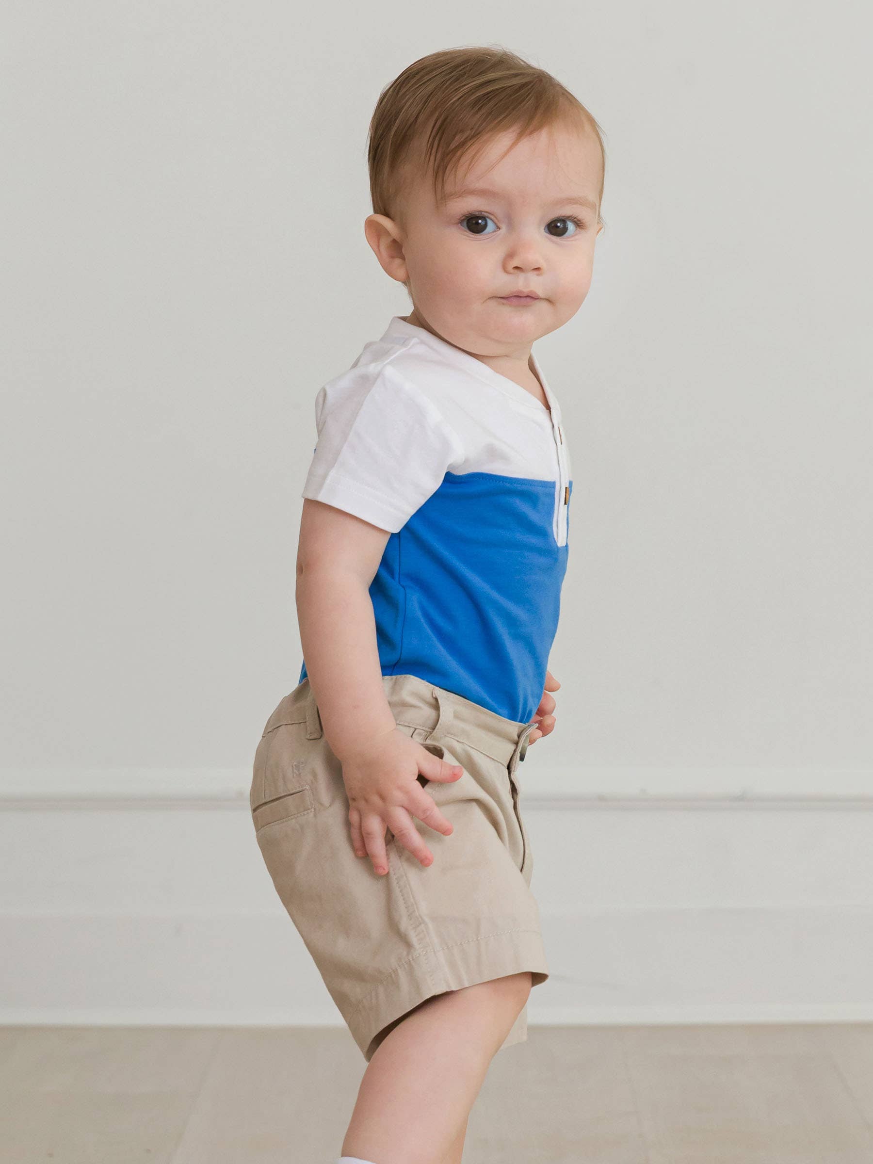 Baby Boys White & Blue Color Block Short Sleeve Henley Bodysuit