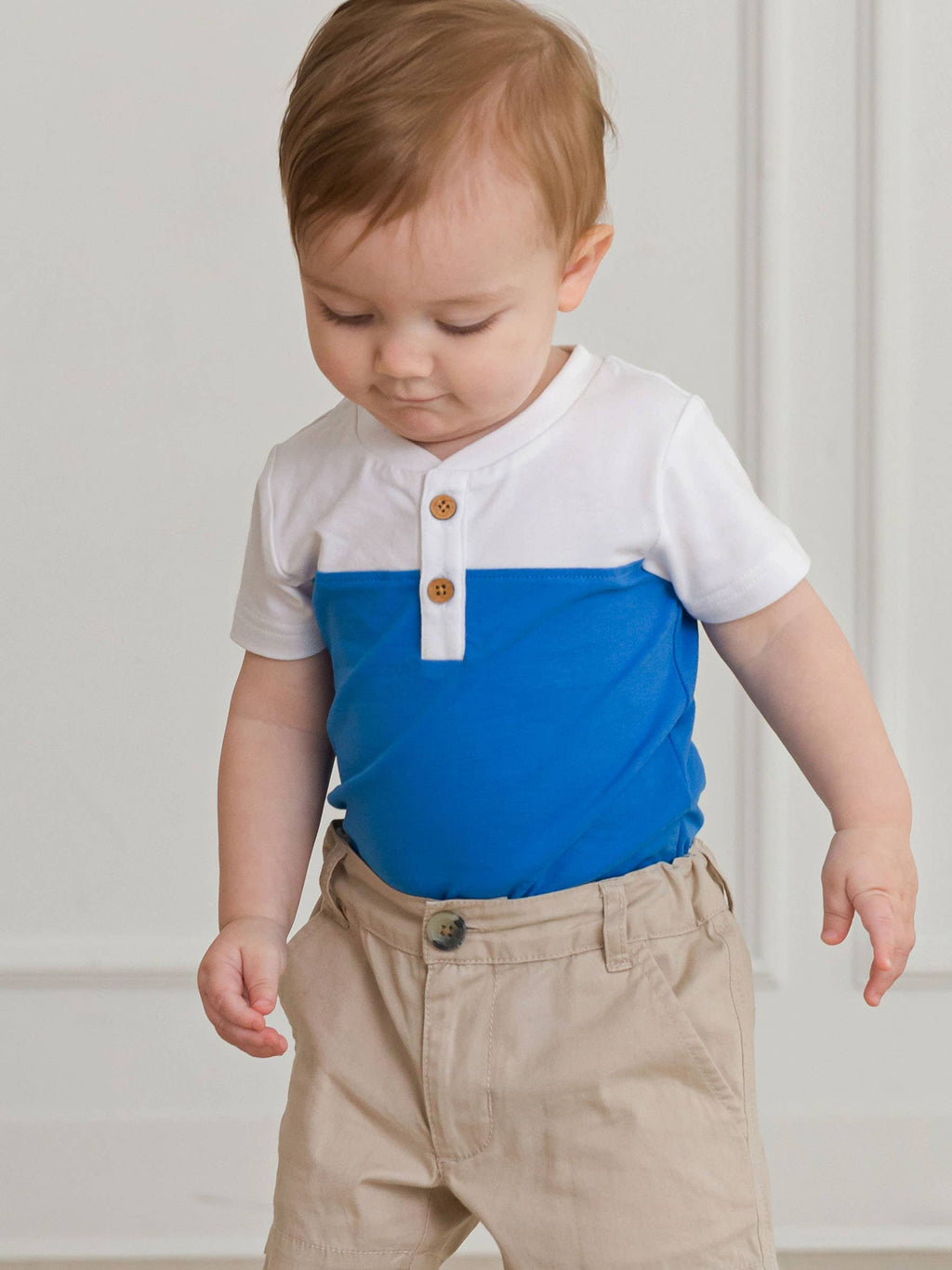 Baby Boys White & Blue Color Block Short Sleeve Henley Bodysuit
