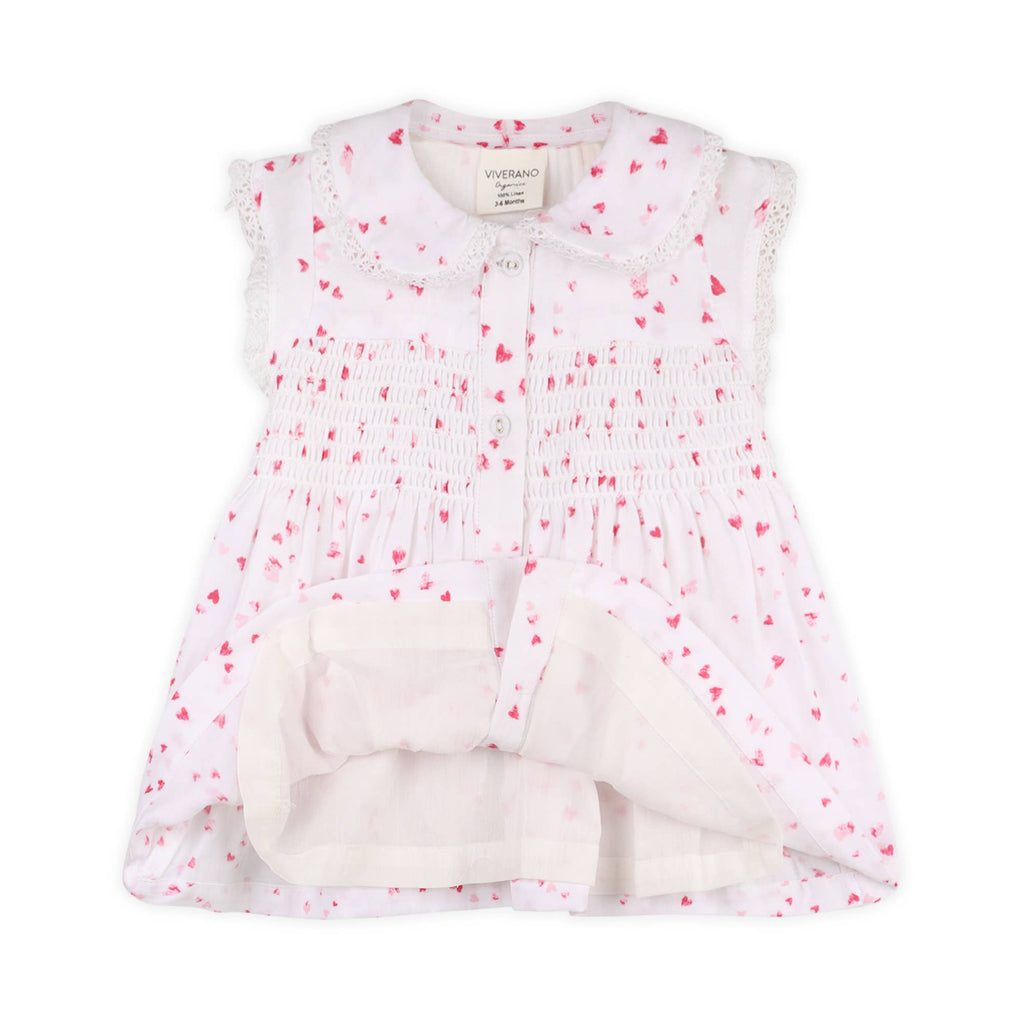 Nora Fluttering Hearts Smocked Baby Dress + Bloomer -Organic