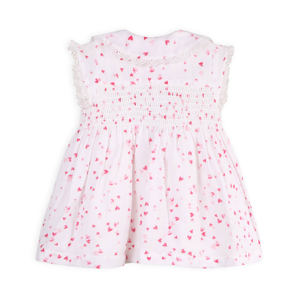 Nora Fluttering Hearts Smocked Baby Dress + Bloomer -Organic