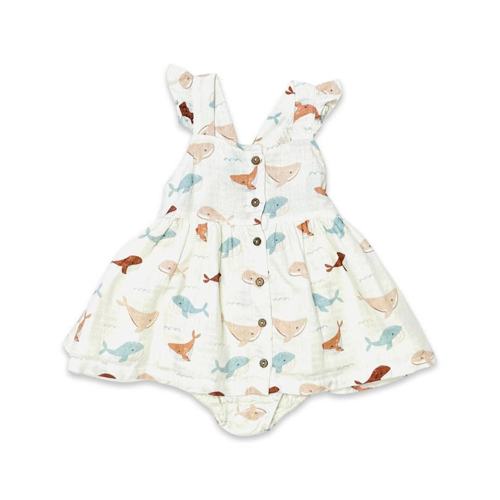 Whales Ruffle & Button Baby Dress+Bloomer (Organic Muslin)