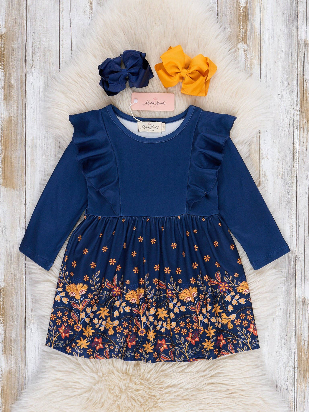 Navy Floral Harvest Ruffle Dress