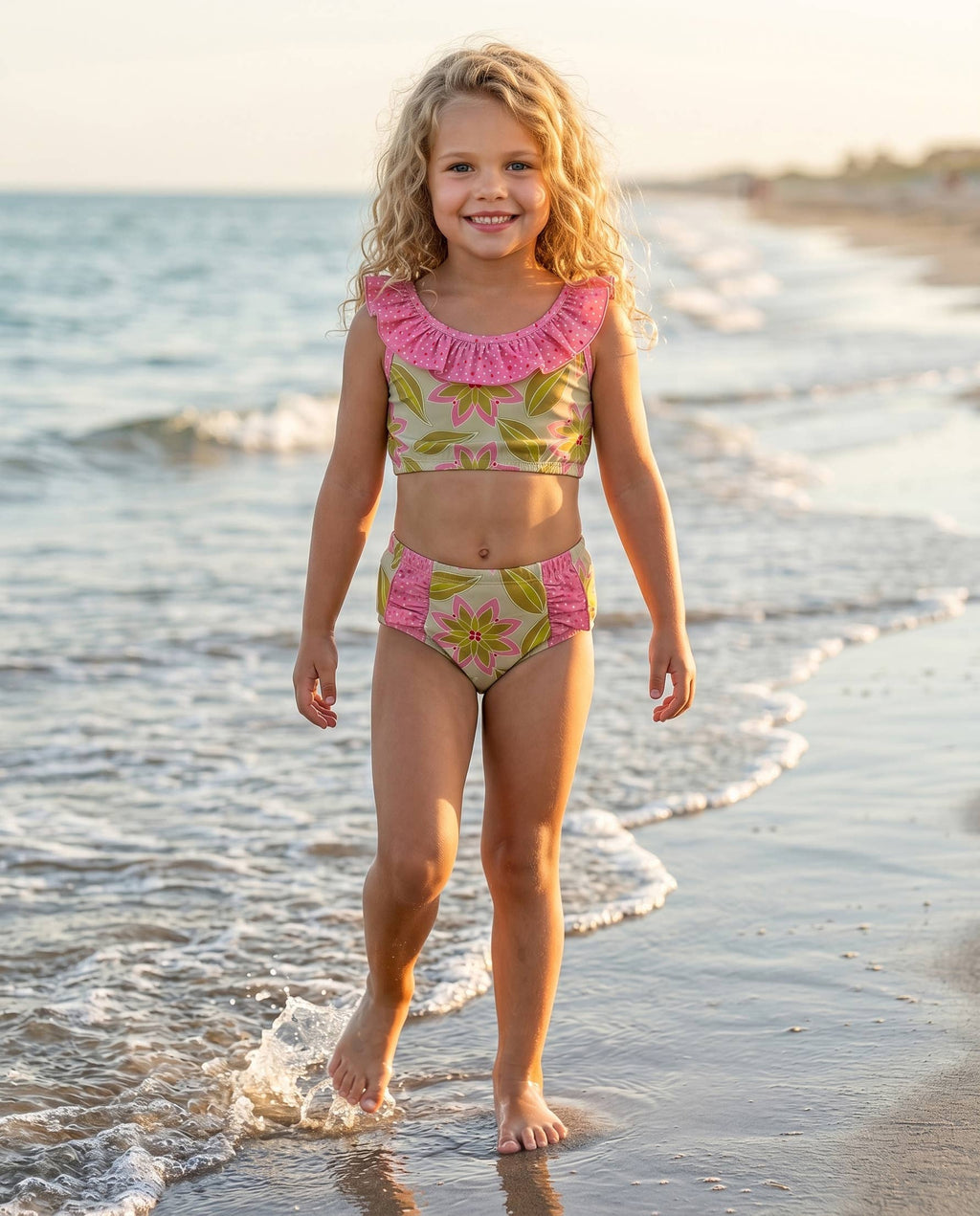 Kids Ava Summer Lime & Pink 2 piece Ruffle Swimsuit